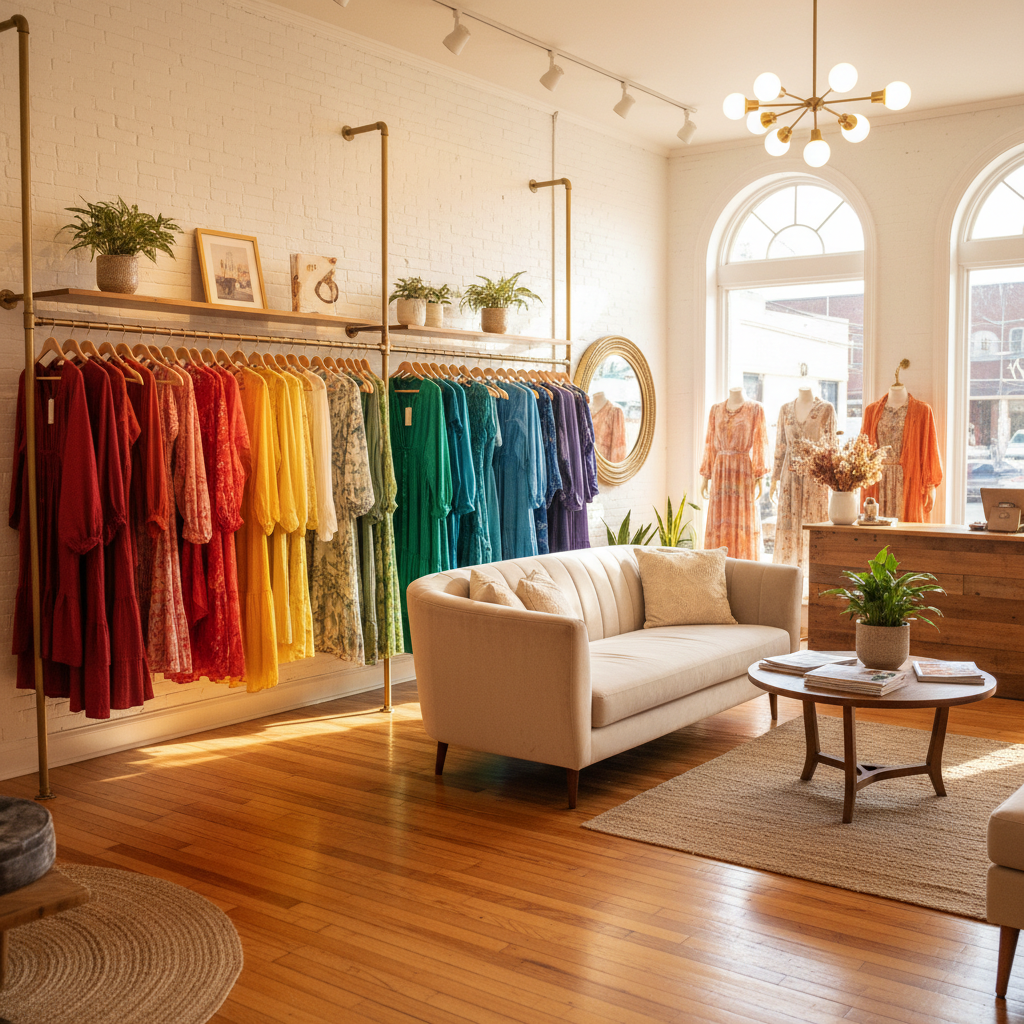 Inside Peach & Thread Boutique — rainbow-organized clothing racks, warm golden lighting, cozy cream sofa, wooden floors